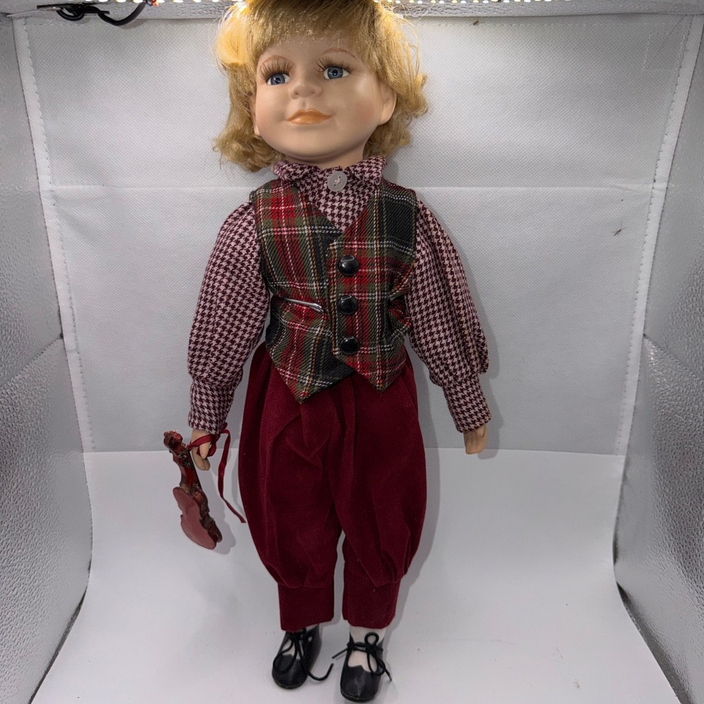 Unbranded Boy 17' Porcelain Doll Plaid Vest Violin Dark Academia Vintage Style